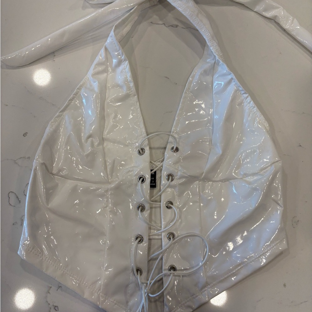 SHEIN White Lace-Up Leather Halter Top